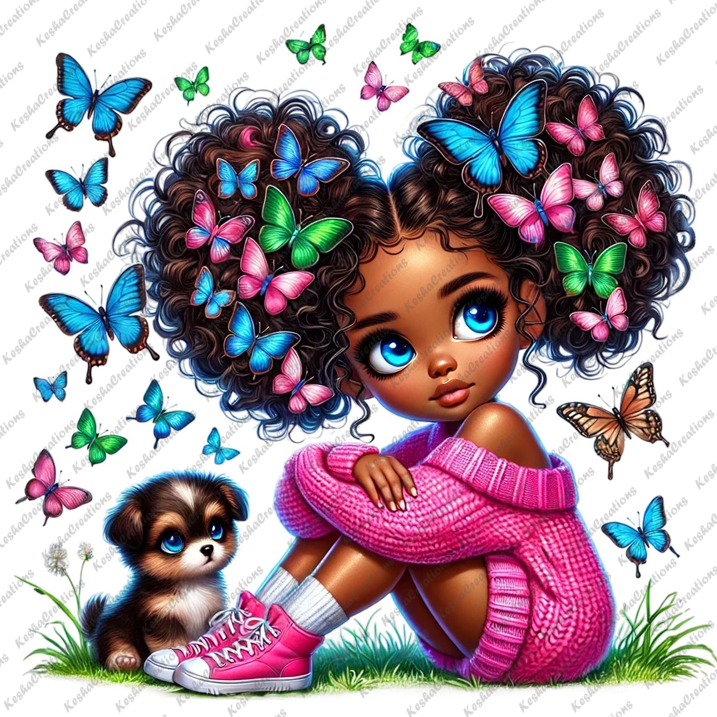 Chibi Black girl in a hot pink sweater with a colorful butterfly afro, sitting next to a puppy.