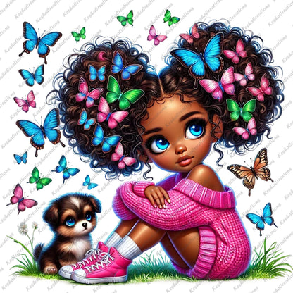 Chibi Black girl in a hot pink sweater with a colorful butterfly afro, sitting next to a puppy.