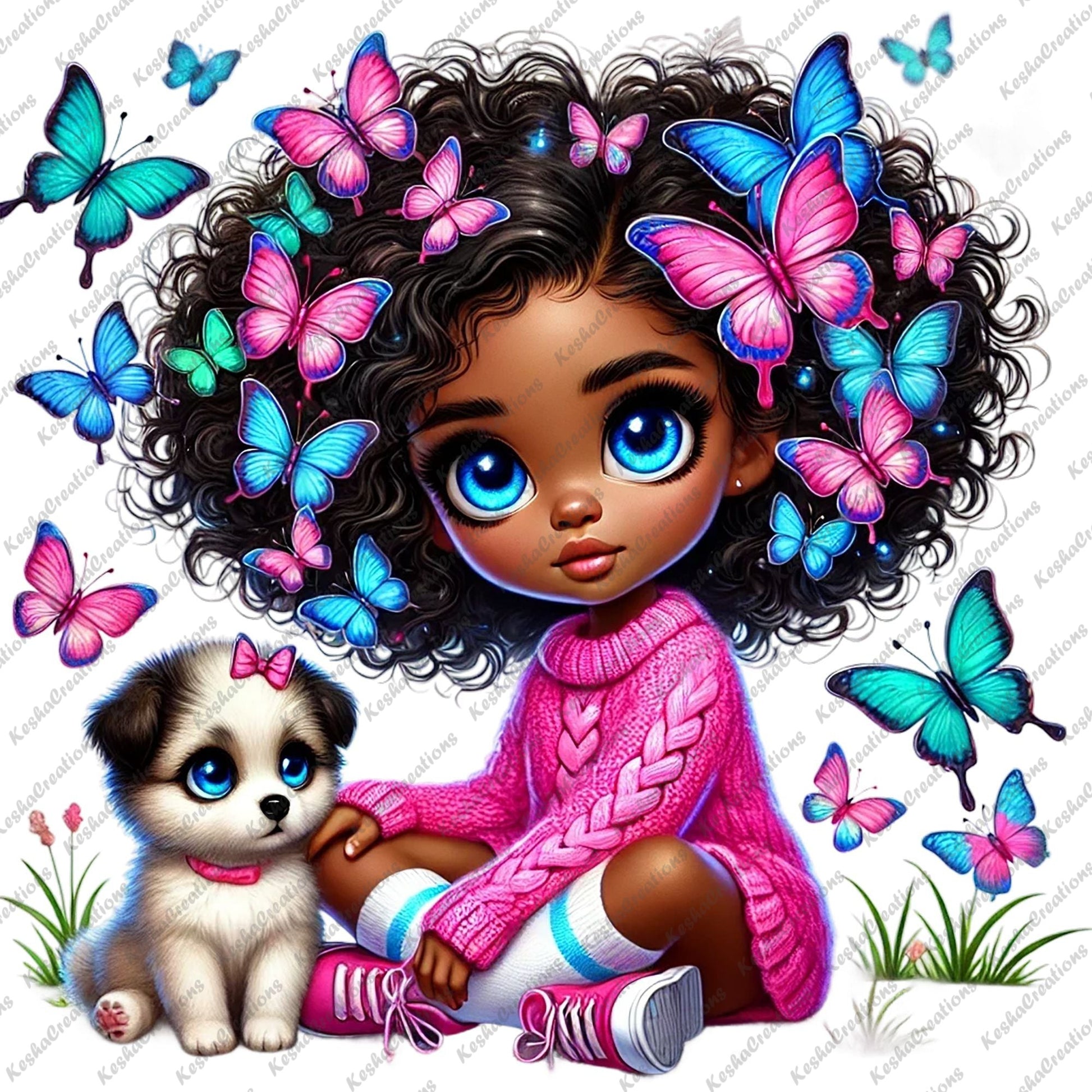 Chibi Black girl in a pink sweater with colorful butterfly afro, sitting beside a fluffy puppy.