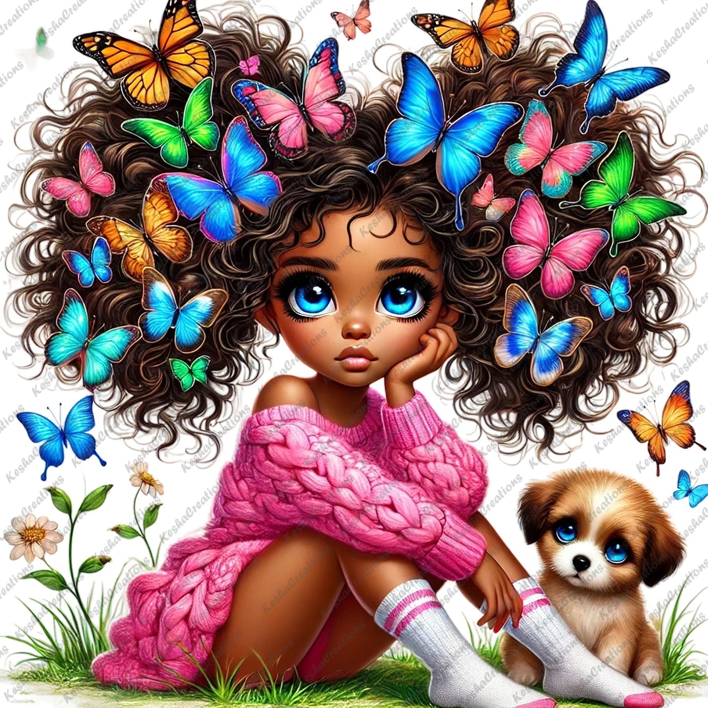 Chibi Black girl in a pink sweater with colorful butterfly afro, sitting beside a fluffy puppy
