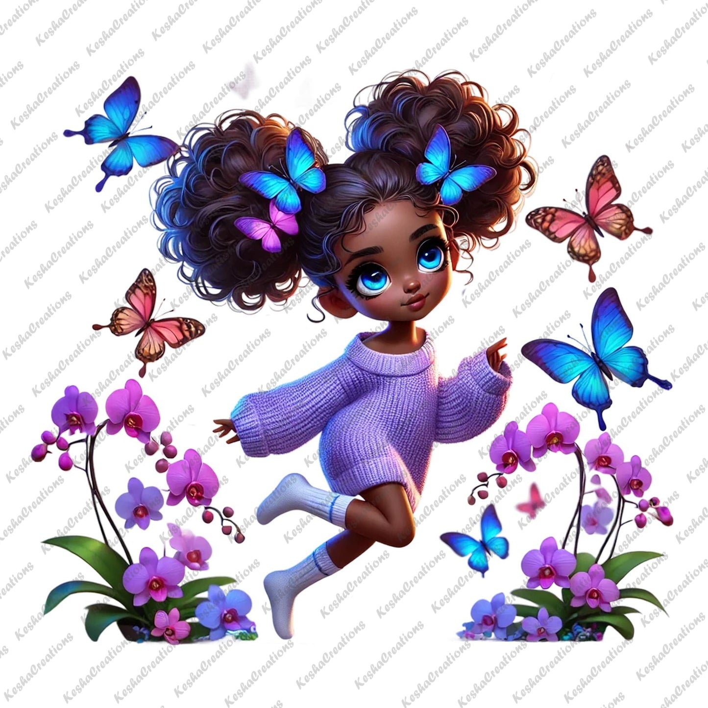 Chibi Black girl with double puff butterfly afro in a lavender sweater, dancing among purple orchids and surrounded by colorful butterflies.