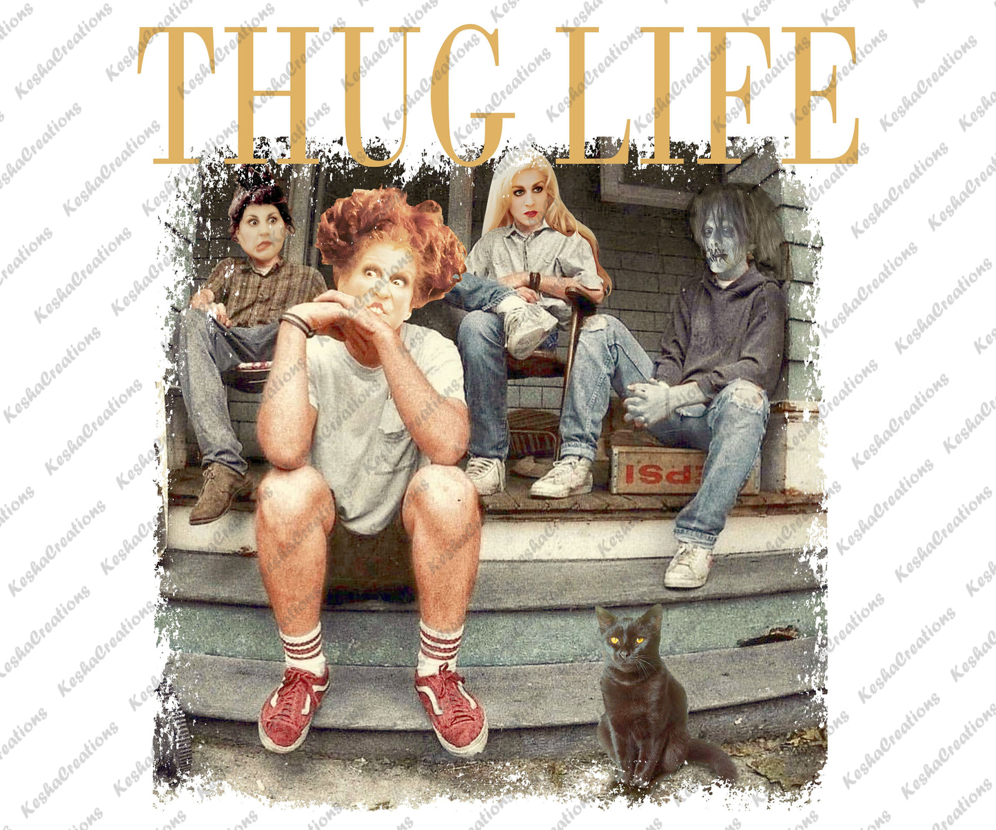 DTF transfer image showcasing Hocus Pocus witches dressed in a hoodie and jeans, blending horror with urban fashion, under the 'Thug Life' banner.