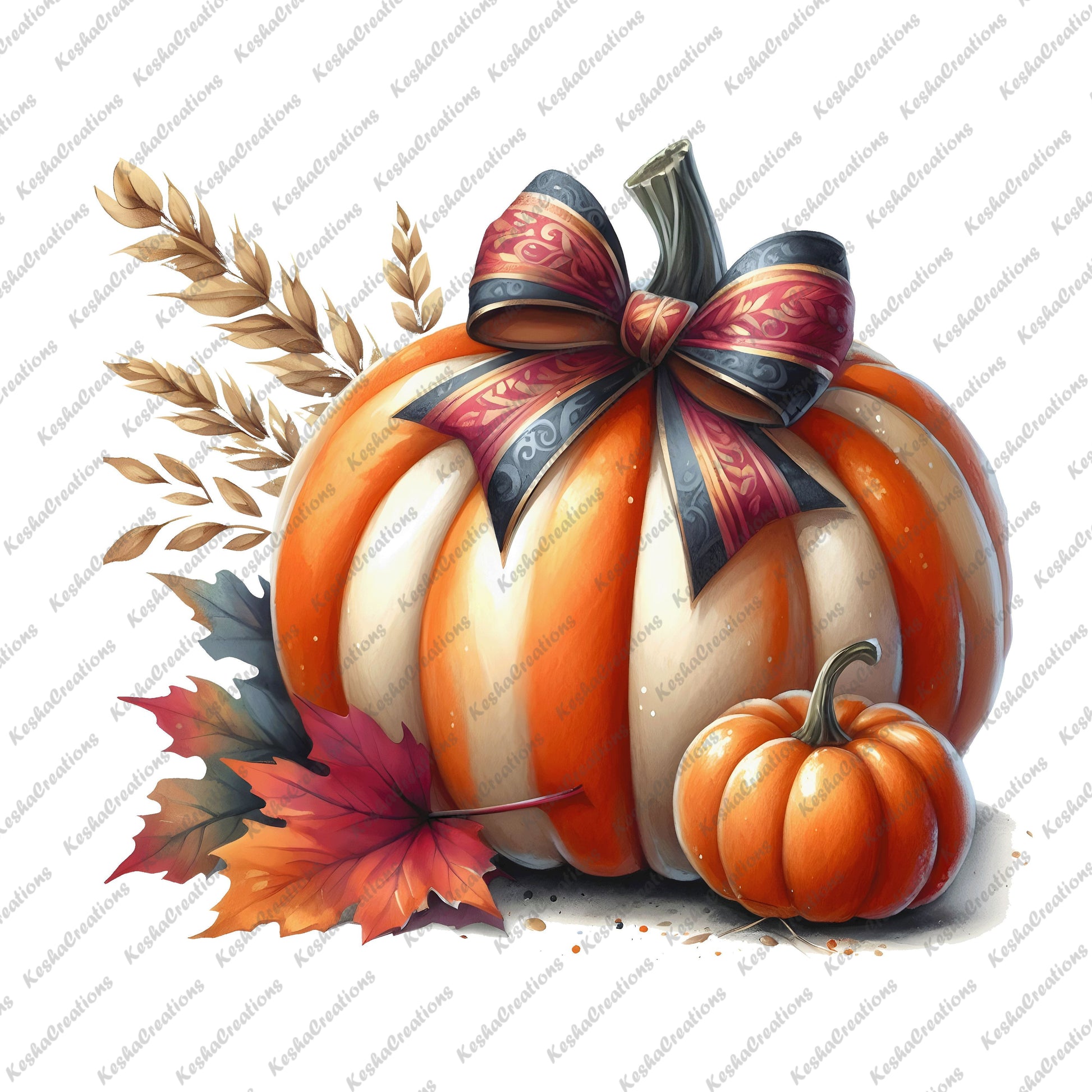  A large orange-and-white striped pumpkin with a decorative red and black bow, surrounded by fall leaves and wheat stalks.