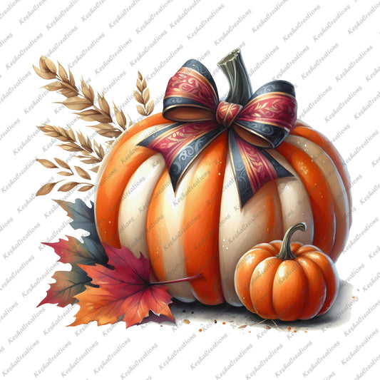  A large orange-and-white striped pumpkin with a decorative red and black bow, surrounded by fall leaves and wheat stalks.