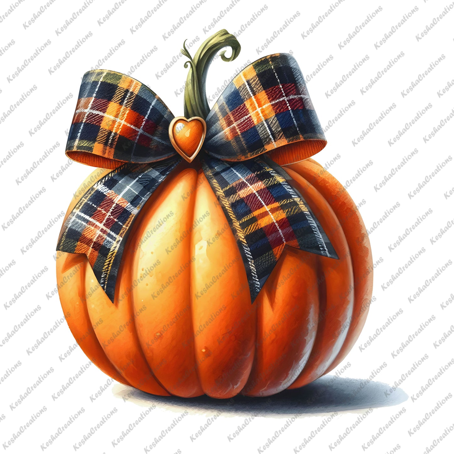 An orange pumpkin adorned with a navy, orange, and red plaid bow, featuring a small heart-shaped accent in the center, creating a cozy fall aesthetic.