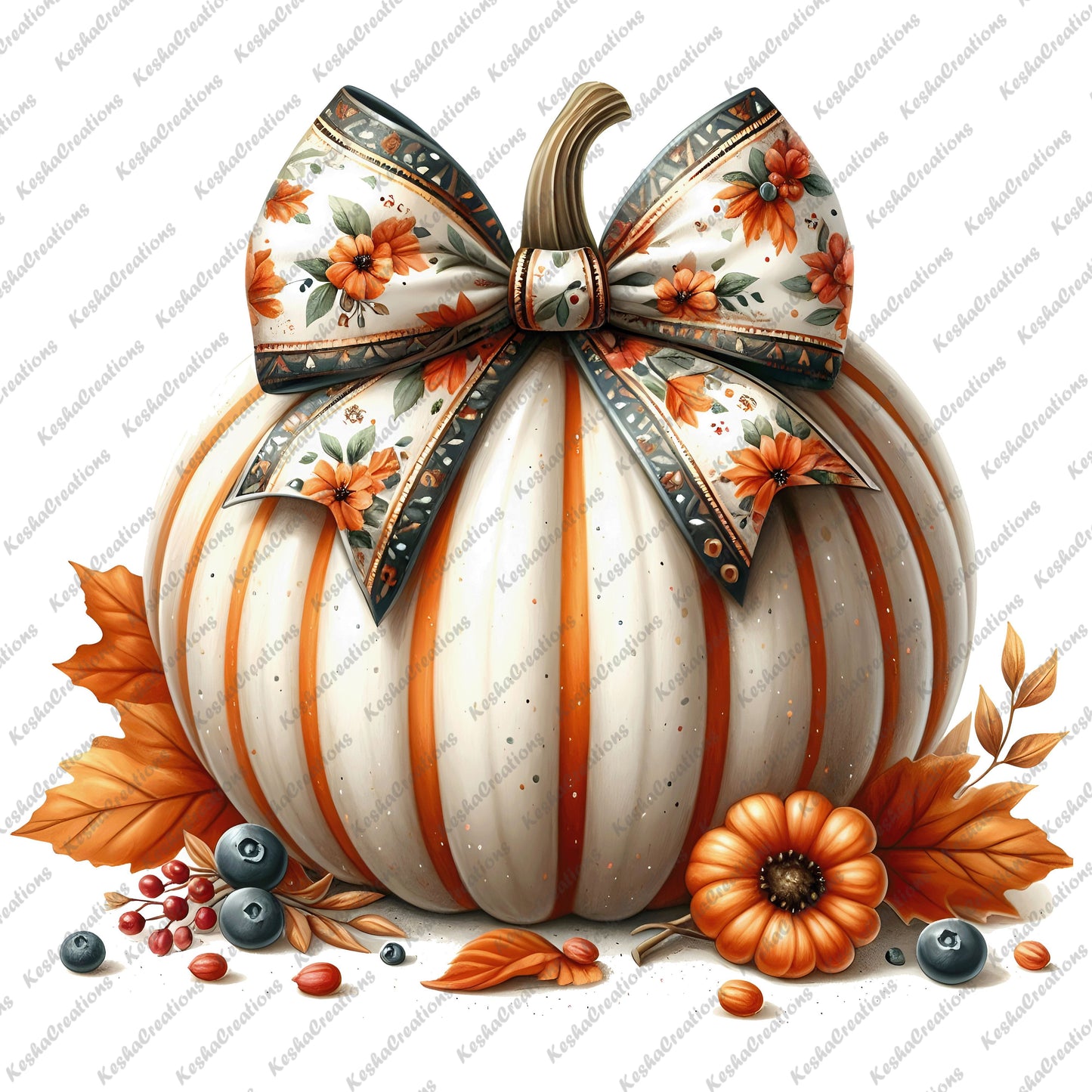 A white pumpkin adorned with orange floral patterns and a bow, surrounded by berries, fall flowers, and leaves.