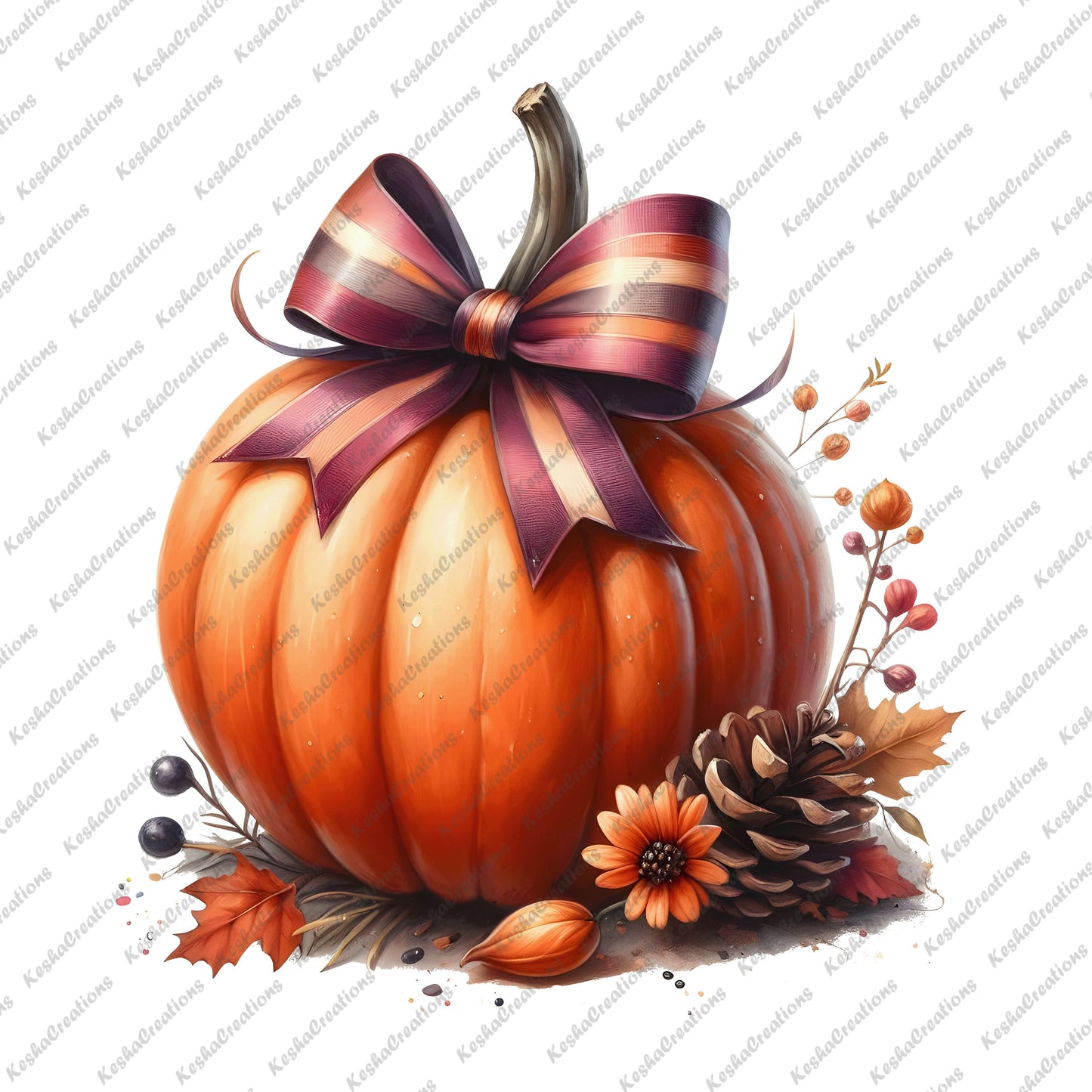  An orange pumpkin topped with a red and black striped bow, accompanied by pinecones, berries, and autumn leaves.