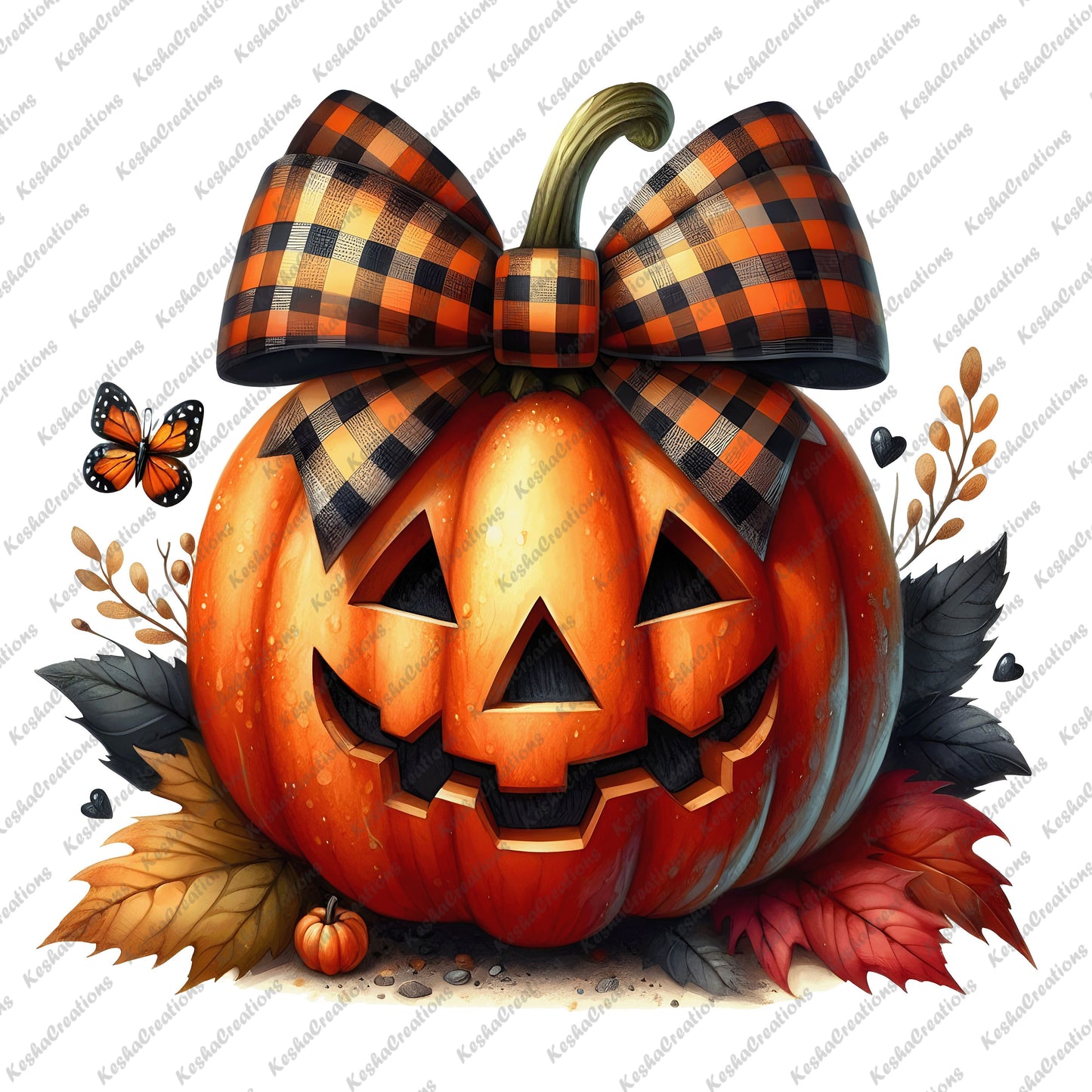 A jack-o'-lantern pumpkin featuring a checkered bow, surrounded by fall leaves and a butterfly.
