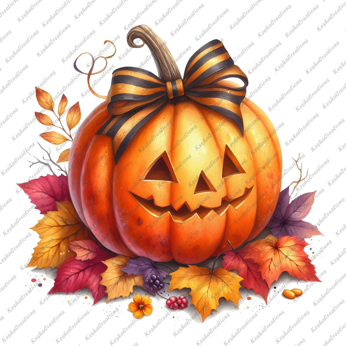 A smiling jack-o'-lantern pumpkin with a black and orange striped bow, surrounded by colorful leaves and berries.