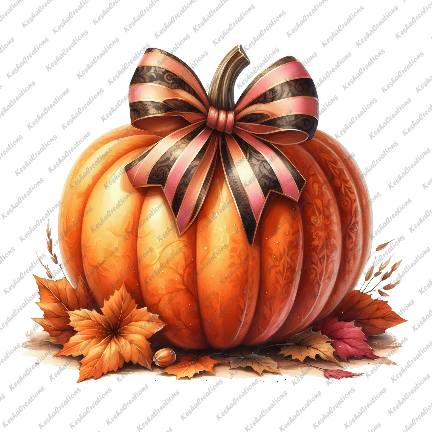  A detailed pumpkin with a brown-and-black striped bow, surrounded by fall leaves, creating a cozy autumn aesthetic.
