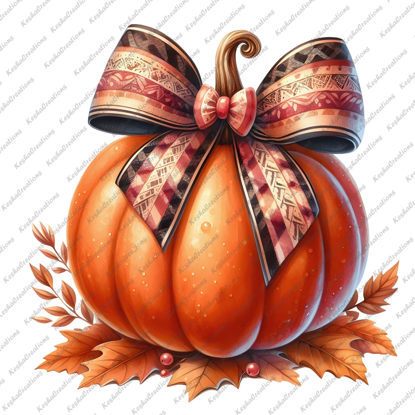 A pumpkin with a tribal-patterned bow and fall leaves, offering a boho-chic fall design.