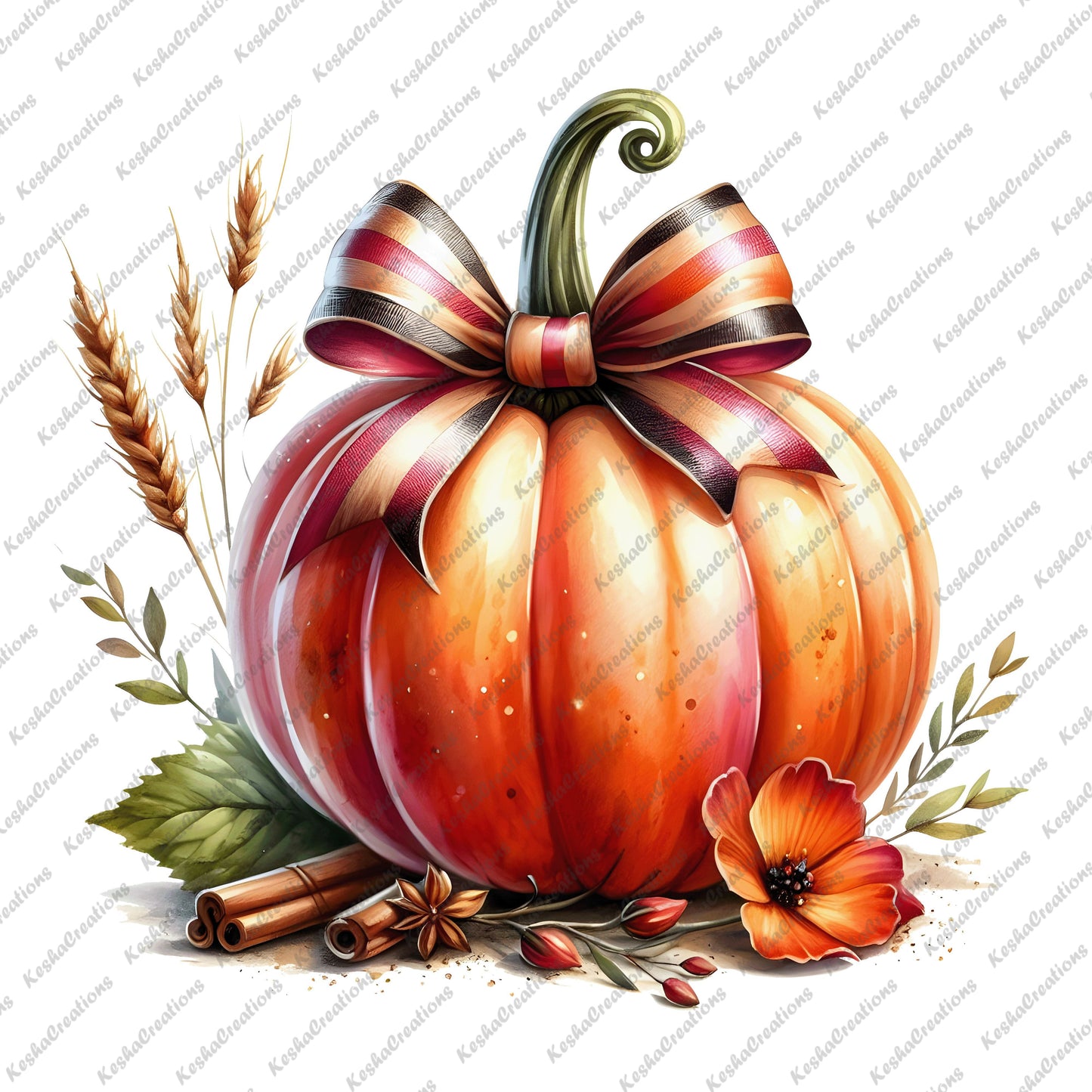 A pumpkin decorated with a red-and-brown bow, accompanied by wheat stalks, cinnamon sticks, and fall foliage.