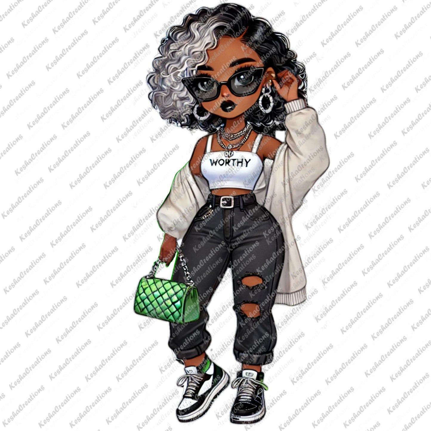 Stylish African American girl with two-tone curly hair, wearing sunglasses, a white “WORTHY” crop top, ripped black jeans, sneakers, and a cream cardigan, holding a green quilted handbag. Fashion-forward DTF transfer design from KeshaCreations.