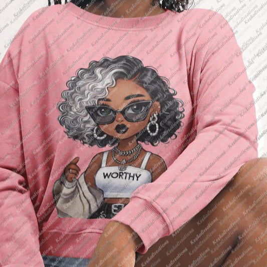 Collage-style promotional mockup featuring a joyful African American woman wearing a pink sweatshirt with a DTF transfer design of a stylish African American cartoon girl with curly black and silver hair, sunglasses, and jewelry, and the word "WORTHY" on her shirt. 