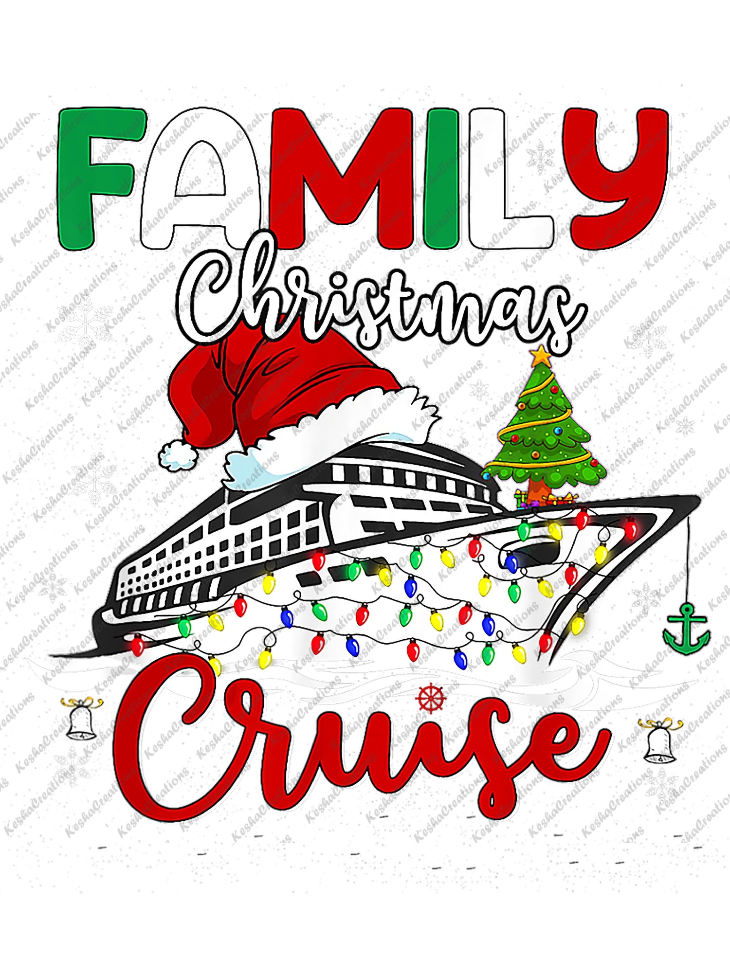 Christmas cruise ship with festive lights and decorations, featuring the text "Family Christmas Cruise."